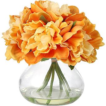 Peonies Artificial Flowers with Glass Vase, Silk Faux Peony Flower Arrangement with Faux Water