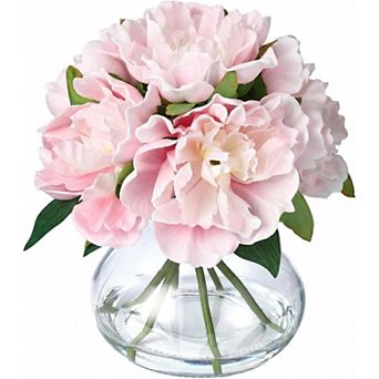 Peonies Artificial Flowers with Glass Vase, Silk Faux Peony Flower Arrangement with Faux Water