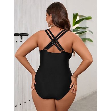 Womens Plus Size One Piece Swimsuit V Neck Tummy Control Bathing Suit Full Coverage Swimwear