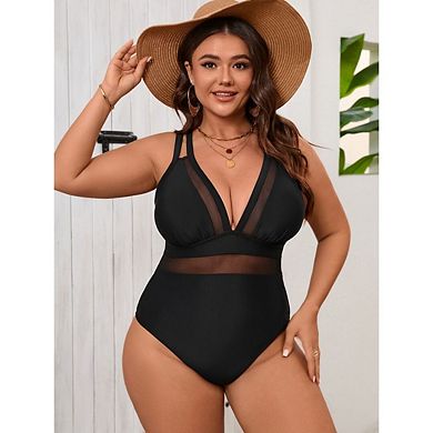Womens Plus Size One Piece Swimsuit V Neck Tummy Control Bathing Suit Full Coverage Swimwear
