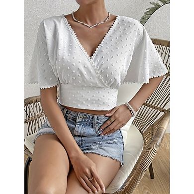 Women's Flutter Sleeve Chiffon Tops Wrap V Neck Trendy Crop Blouses Casual Dot Cropped Tshirts