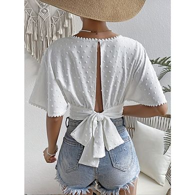 Women's Flutter Sleeve Chiffon Tops Wrap V Neck Trendy Crop Blouses Casual Dot Cropped Tshirts