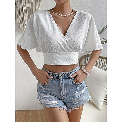 Women's Flutter Sleeve Chiffon Tops Wrap V Neck Trendy Crop Blouses Casual Dot Cropped Tshirts