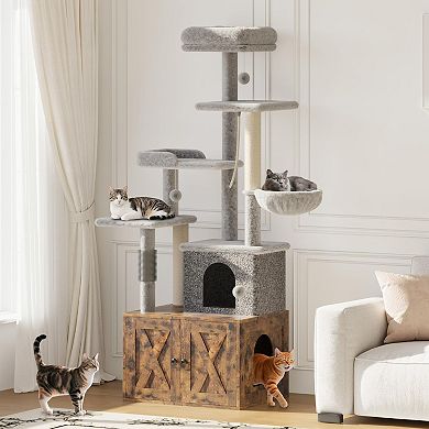 ANIXOL Multi-Level Plush Wood Cat Tree with Hidden Litter Box Enclosure