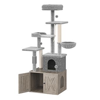 ANIXOL Multi-Level Plush Wood Cat Tree with Hidden Litter Box Enclosure