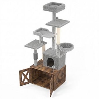 ANIXOL Multi-Level Plush Wood Cat Tree with Hidden Litter Box Enclosure