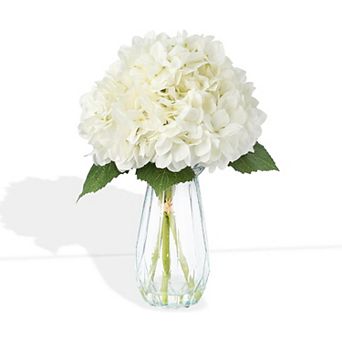 5 pc Artificial Hydrangea Arrangement in Glass Vase-Fade-Resistant Silk Flowers with Faux Water
