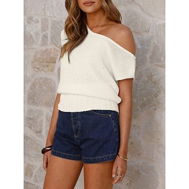 Women's Casual Off Shoulder Sleeveless Sweater Vests Summer Loose Asymmetrical Pullover Tops