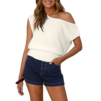 Women's Casual Off Shoulder Sleeveless Sweater Vests Summer Loose Asymmetrical Pullover Tops