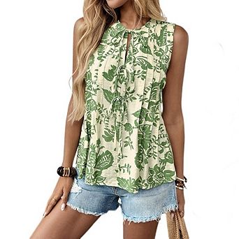 Women's Boho Sleeveless Floral Blouse Tie FrontPleated Peplum Casual Beach Top