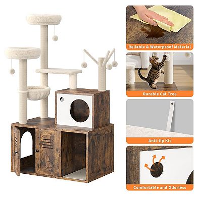 ANIXOL 3-in-1 Plush Wood Cat Tree with Hidden Litter Box Enclosure