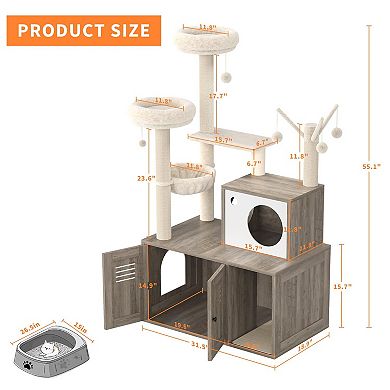 ANIXOL 3-in-1 Plush Wood Cat Tree with Hidden Litter Box Enclosure