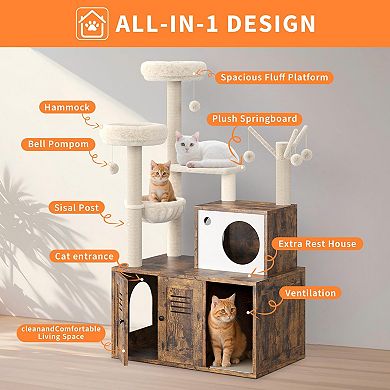 ANIXOL 3-in-1 Plush Wood Cat Tree with Hidden Litter Box Enclosure