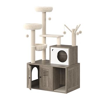 ANIXOL 3-in-1 Plush Wood Cat Tree with Hidden Litter Box Enclosure