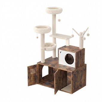 ANIXOL 3-in-1 Plush Wood Cat Tree with Hidden Litter Box Enclosure