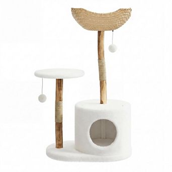 ANIXOL Minimalist Rattan Wood Cat Tree Tower with Scratching Post