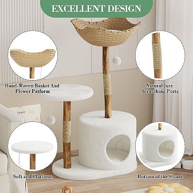 ANIXOL Minimalist Rattan Wood Cat Tree Tower with Scratching Post