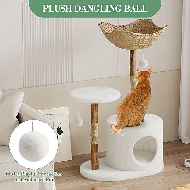 ANIXOL Minimalist Rattan Wood Cat Tree Tower with Scratching Post