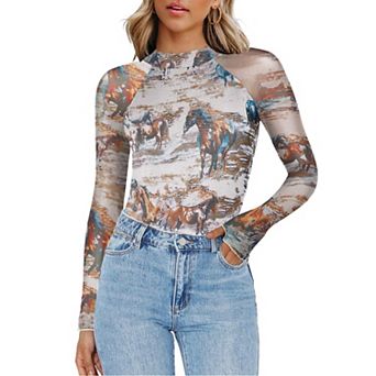 Zeagoo Blouses for Women Long Sleeve Mesh Mock Neck Tops Going Out Outfits Holiday Party Clothes