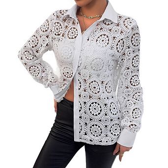 Women's Elegant Long Sleeve Floral Embroidered Eyelet Mesh Button Down Blouse