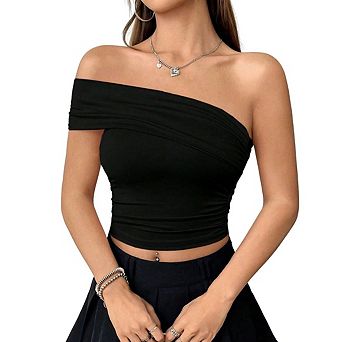 Women's Off Shoulder Tops Short Sleeve Ruched Solid Color Casual Tee Shirt Crop Top