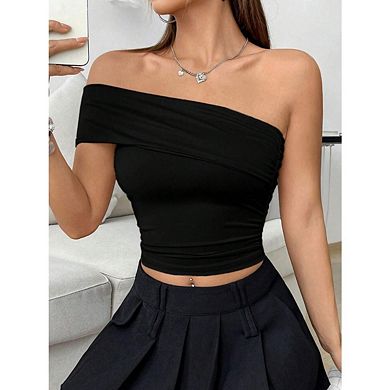 Women's Off Shoulder Tops Short Sleeve Ruched Solid Color Casual Tee Shirt Crop Top