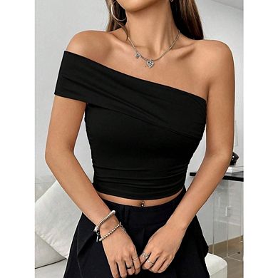 Women's Off Shoulder Tops Short Sleeve Ruched Solid Color Casual Tee Shirt Crop Top