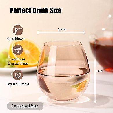 6-15 Oz Hand-Blown Stemless Wine Glasses Gift for Celebrations