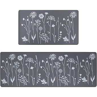 Two Piece Cushioned Anti Fatigue Kitchen Rug Set Non Slip Waterproof PVC Floor Mats Grey