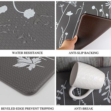 Two Piece Cushioned Anti Fatigue Kitchen Rug Set Non Slip Waterproof PVC Floor Mats Grey