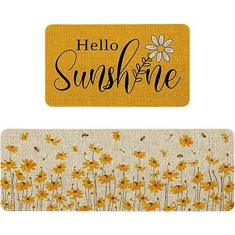 Hello Sunshine Floral Kitchen Rug Set of 2 Non Slip Washable