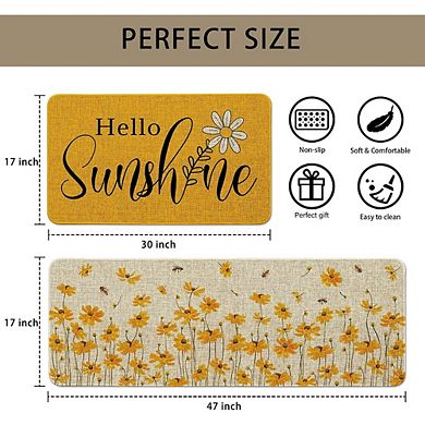 Hello Sunshine Floral Kitchen Rug Set of 2 Non Slip Washable