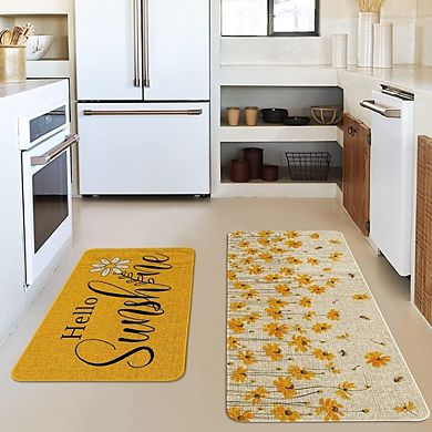Hello Sunshine Floral Kitchen Rug Set of 2 Non Slip Washable