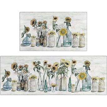 Sunflower Farmhouse Kitchen Rug Set of Two Non Slip Washable Mats