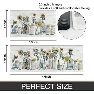 Sunflower Farmhouse Kitchen Rug Set of Two Non Slip Washable Mats