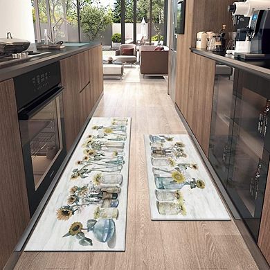 Sunflower Farmhouse Kitchen Rug Set of Two Non Slip Washable Mats