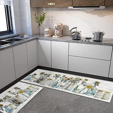 Sunflower Farmhouse Kitchen Rug Set of Two Non Slip Washable Mats