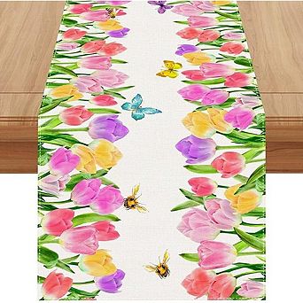 Watercolor Tulip Butterfly Bee Table Runner Spring & Easter Decor 13x72 Inch
