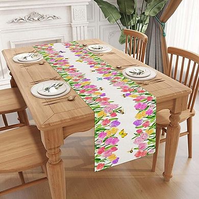 Watercolor Tulip Butterfly Bee Table Runner Spring & Easter Decor 13x72 Inch