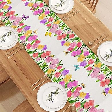 Watercolor Tulip Butterfly Bee Table Runner Spring & Easter Decor 13x72 Inch