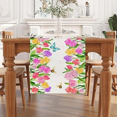 Watercolor Tulip Butterfly Bee Table Runner Spring & Easter Decor 13x72 Inch