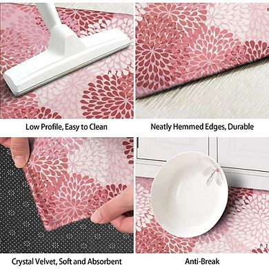 Pink Floral Kitchen Rug Set of 2 Non Slip Washable