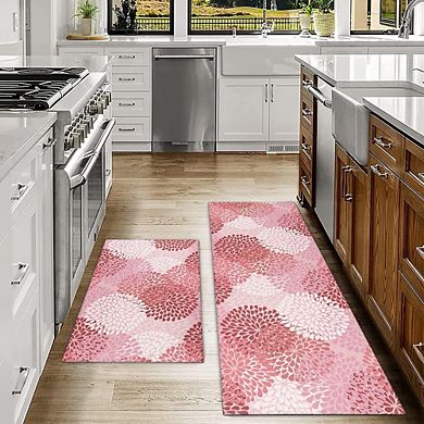 Pink Floral Kitchen Rug Set of 2 Non Slip Washable