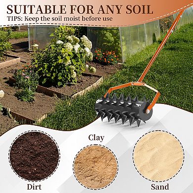 18" Rolling Lawn Aerator, with W-Shaped Blades & 49" Handle for loose soil in Garden Yard