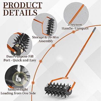 18" Rolling Lawn Aerator, with W-Shaped Blades & 49" Handle for loose soil in Garden Yard