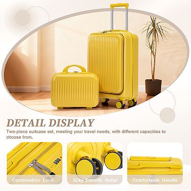 20" Hardside Carry On Luggage with 14" Cosmetic Case, Front Compartment Suitcase, 360° Spinner Wheel