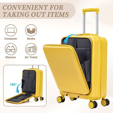20" Hardside Carry On Luggage with 14" Cosmetic Case, Front Compartment Suitcase, 360° Spinner Wheel