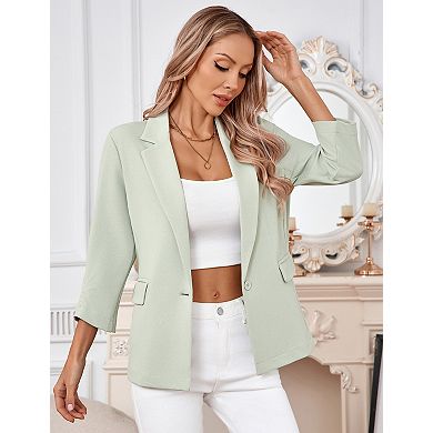 Women's Front Button Down Blazer 3/4 Sleeve Business Jacket