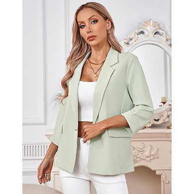 Women's Front Button Down Blazer 3/4 Sleeve Business Jacket