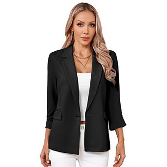 Women's Front Button Down Blazer 3/4 Sleeve Business Jacket